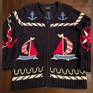 Nautical Vintage Sweater Crazy Horse Full Zip Cardigan Navy Chunky Knit M Warm